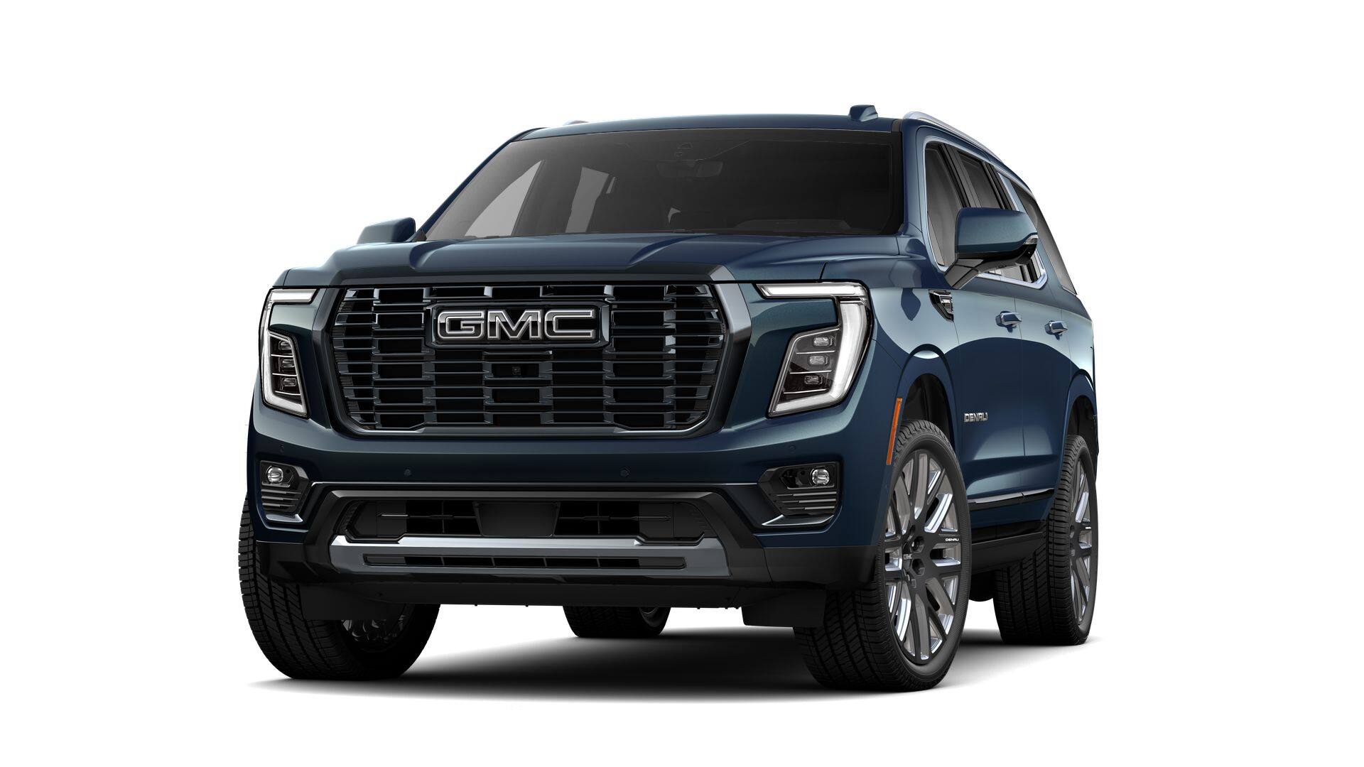 2026 GMC Yukon Denali Ultimate in Downpour Metallic — front three-quarter view